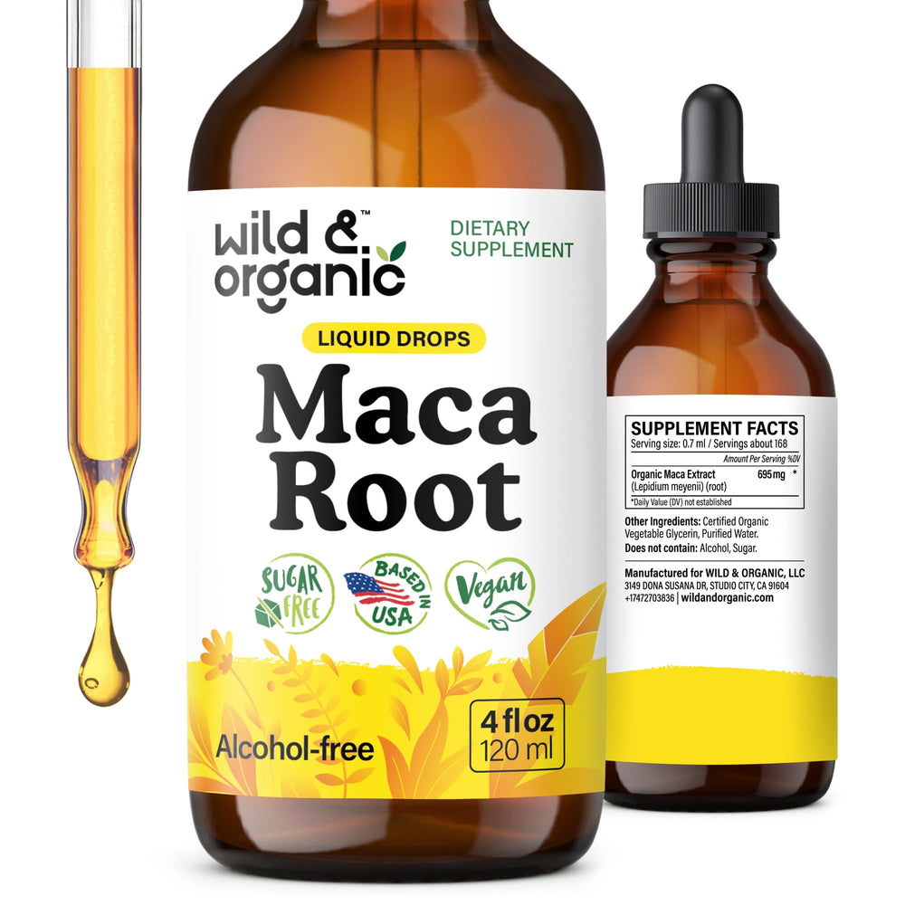 Wild & Organic maca bottle front showing vegan tincture for daily support