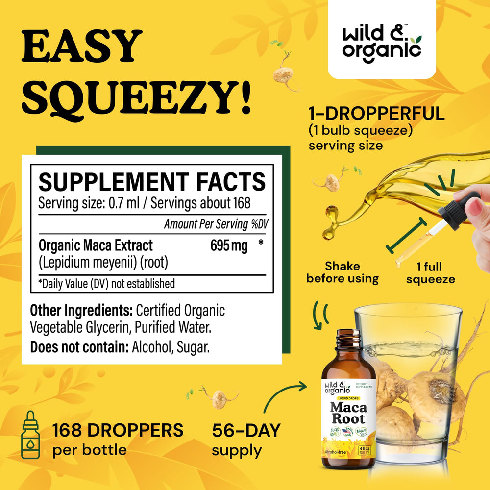 Wild & Organic maca bottle label closeup highlighting natural formula