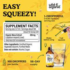 Wild & Organic maca bottle label closeup highlighting natural formula