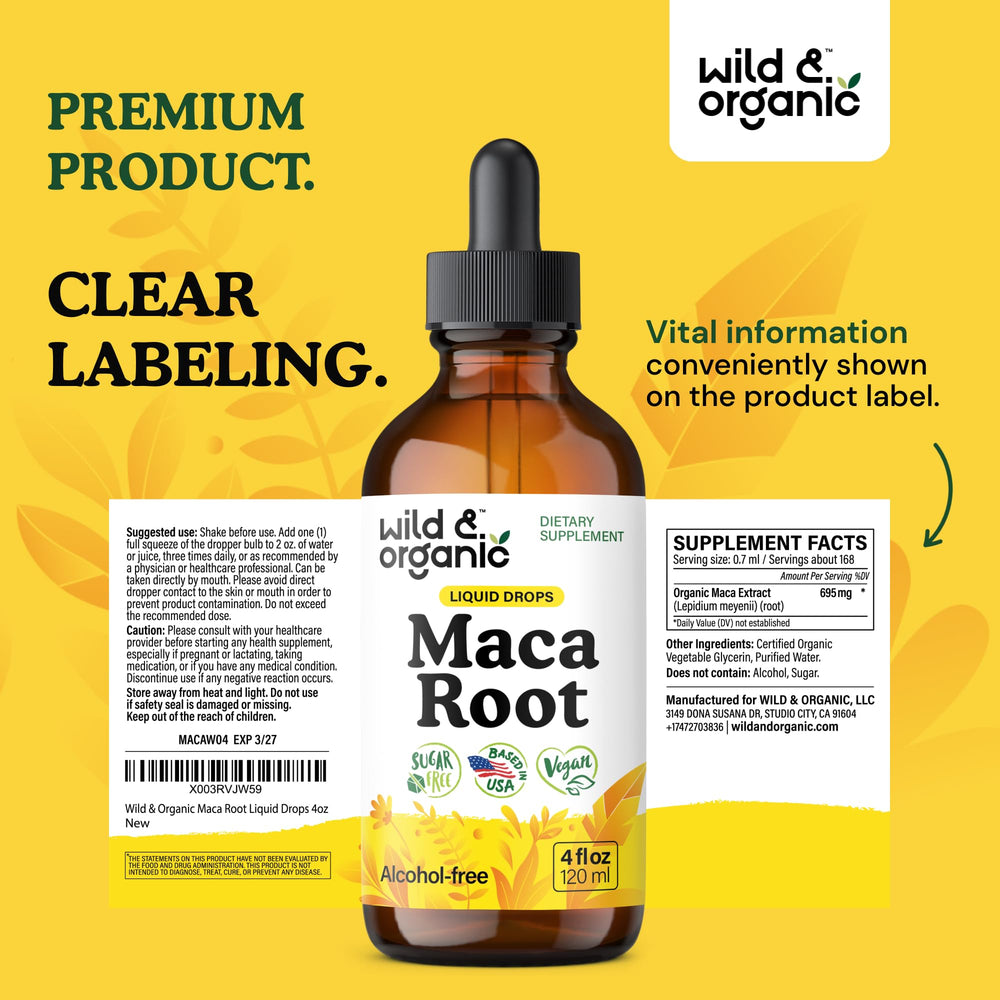 Wild & Organic maca bottle with measurement marks for servings
