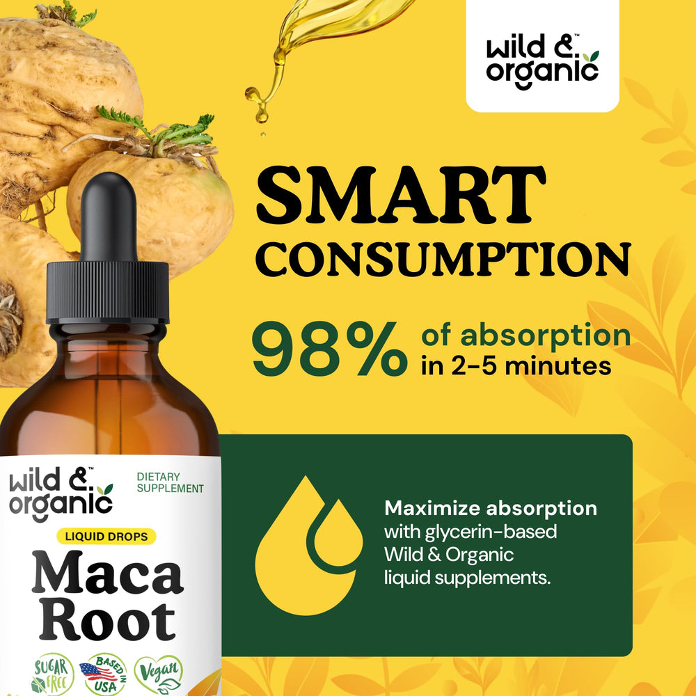 Wild & Organic maca liquid tincture in glass highlighting texture