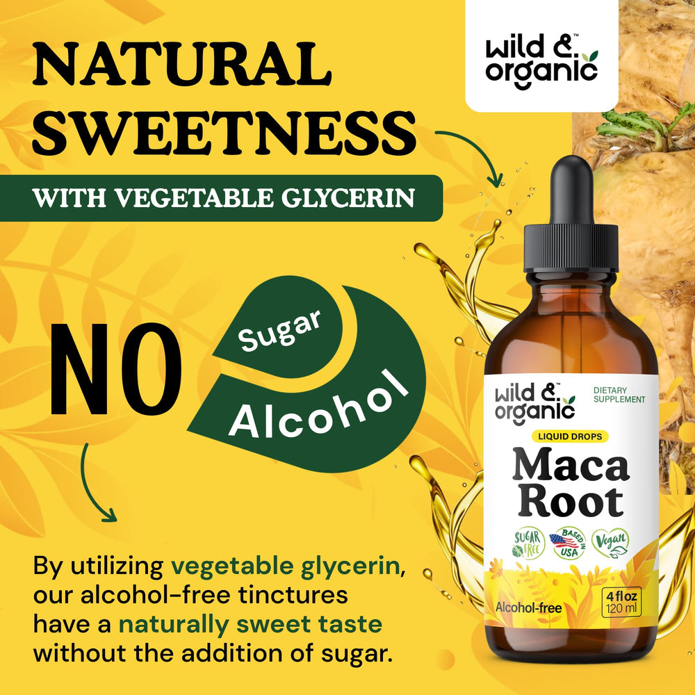 Wild & Organic maca packaging box emphasizing vegan, alcohol-free features