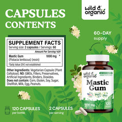 Wild & Organic mastic gum capsules packaging highlighting vegan, non-GMO formula