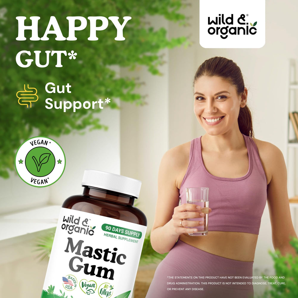 Wild & Organic mastic gum package label highlighting vegan and GMO-free