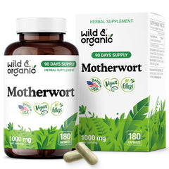 Wild & Organic Motherwort Capsules bottle hero shot showing calmness focus, 1000 mg per serving.