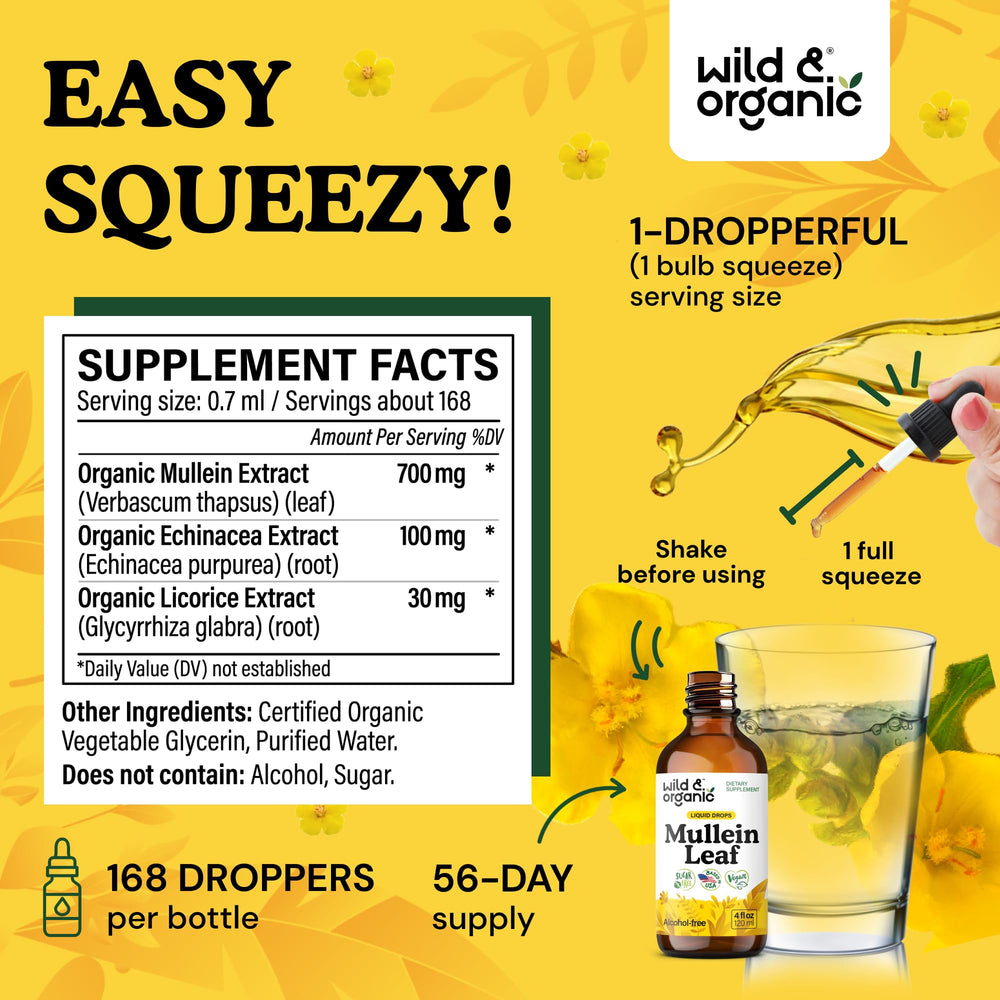 Wild & Organic Mullein Drops label close-up emphasizes vegan, GMO-free credentials.