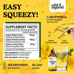 Wild & Organic Mullein Drops label close-up emphasizes vegan, GMO-free credentials.