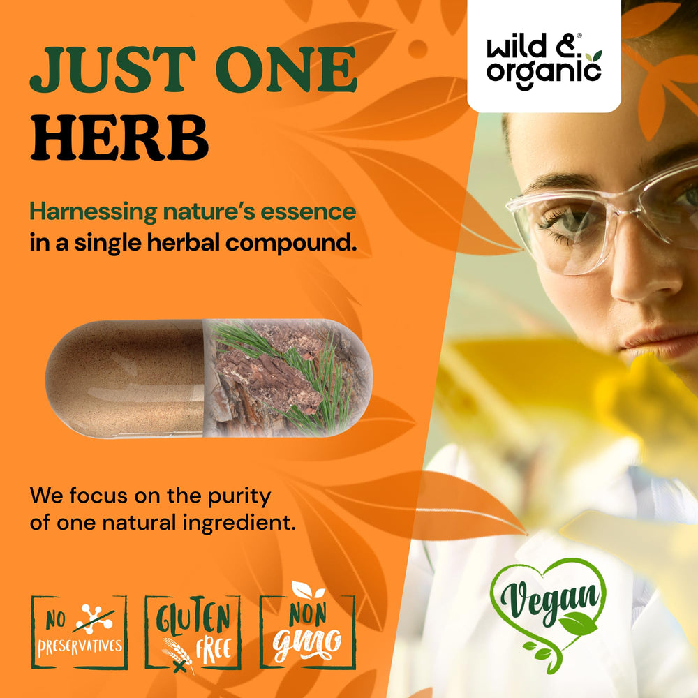 Wild & Organic pine bark ingredient panel detailing plant-based, non-GMO formula.