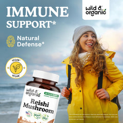 Wild & Organic Reishi bottle front shows 1000 mg per serving and 60-day supply.