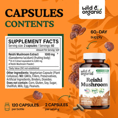 Wild & Organic Reishi bottle side lists non-GMO ingredients for clean supplementation.