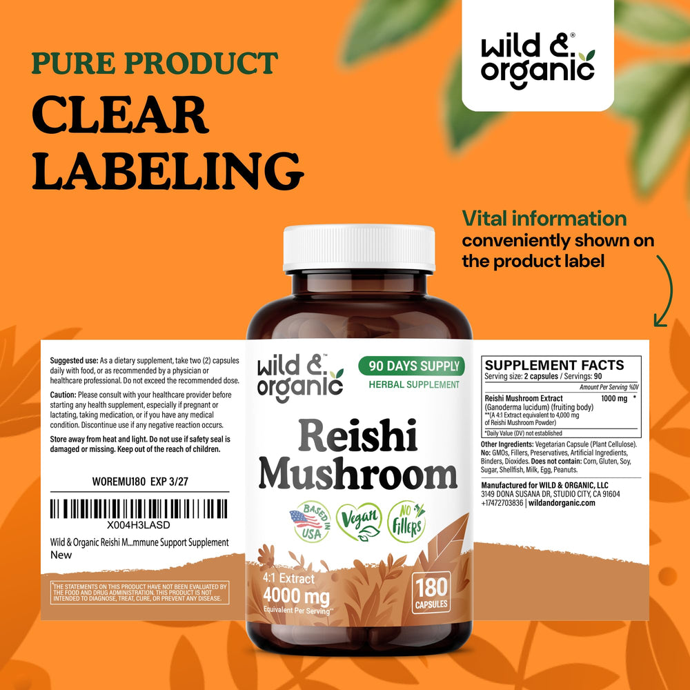 Wild & Organic Reishi capsules vegan formulation iconography highlighting plant-based ingredients.