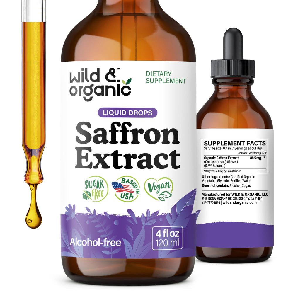 Wild & Organic saffron supplements bottle front highlights mood support potential.