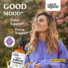 Wild & Organic saffron tincture dropper bottle emphasizes focus and eye comfort.