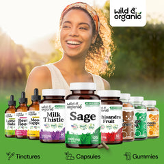Wild & Organic Sage Capsules vegan plant-based supplement with glass bottle and label detail.