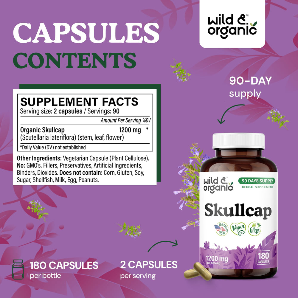 Wild & Organic skullcap label highlighting vegan, non-GMO formula.