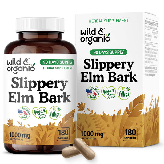 Wild & Organic Slippery Elm Bark Capsules bottle for easy, vegan supplement use