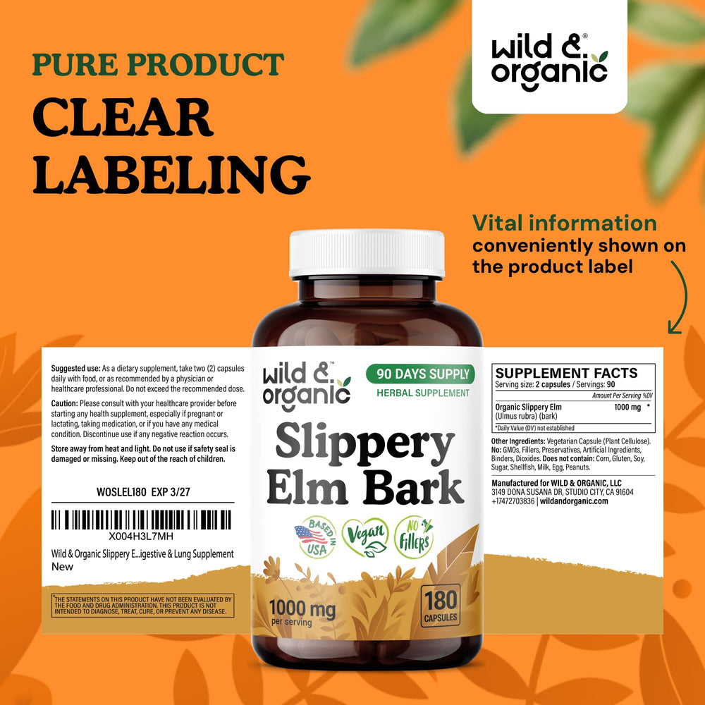Wild & Organic Slippery Elm Bark Capsules in use with glass of water