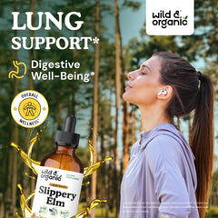 Wild & Organic slippery elm bottle pour demonstrates convenient tincture use in daily routines.