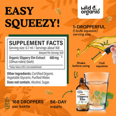 Wild & Organic slippery elm dropper application enables precise dosing for flexible use.