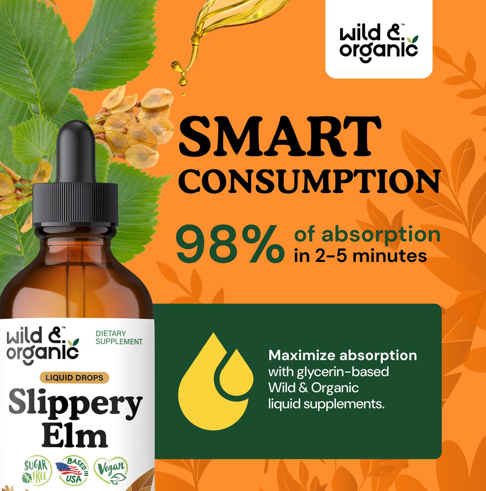 Wild & Organic slippery elm liquid texture closeup reveals smooth glycerin-based tincture.