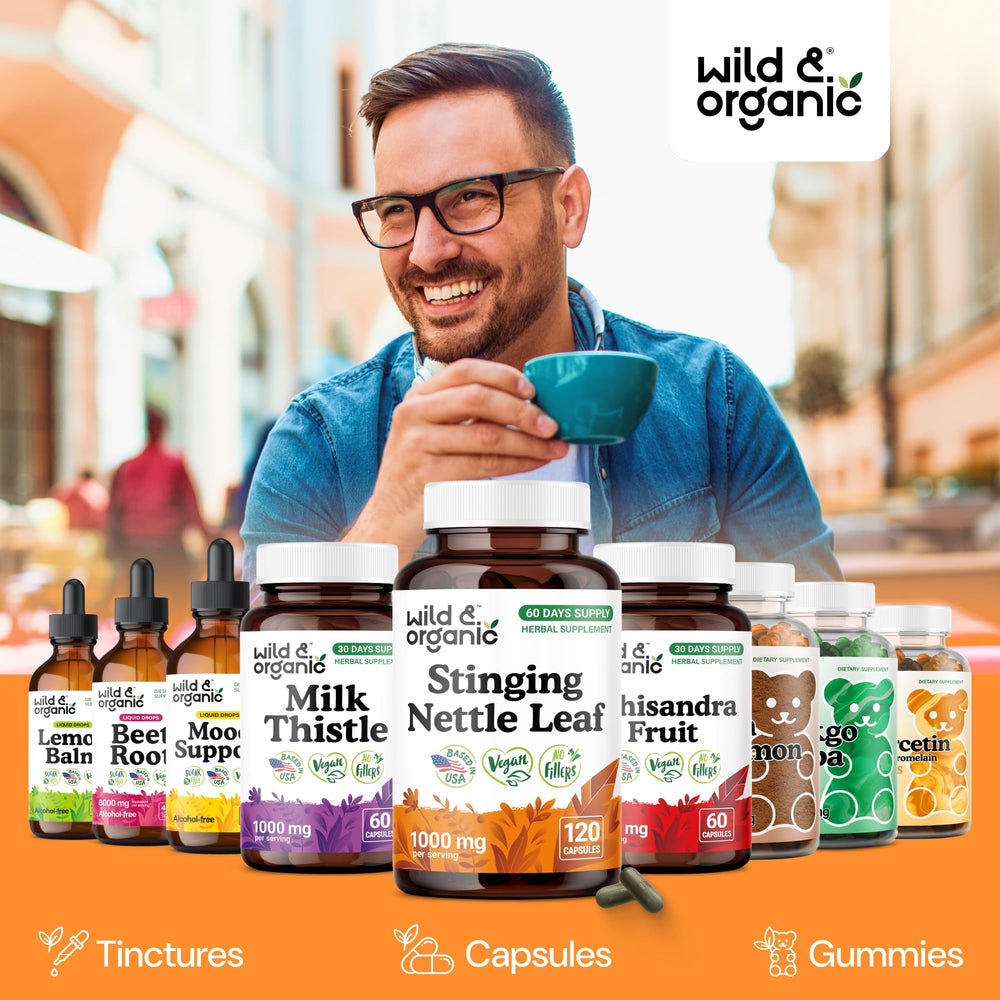 Wild and Organic stinging nettle capsules close-up with supplement facts.