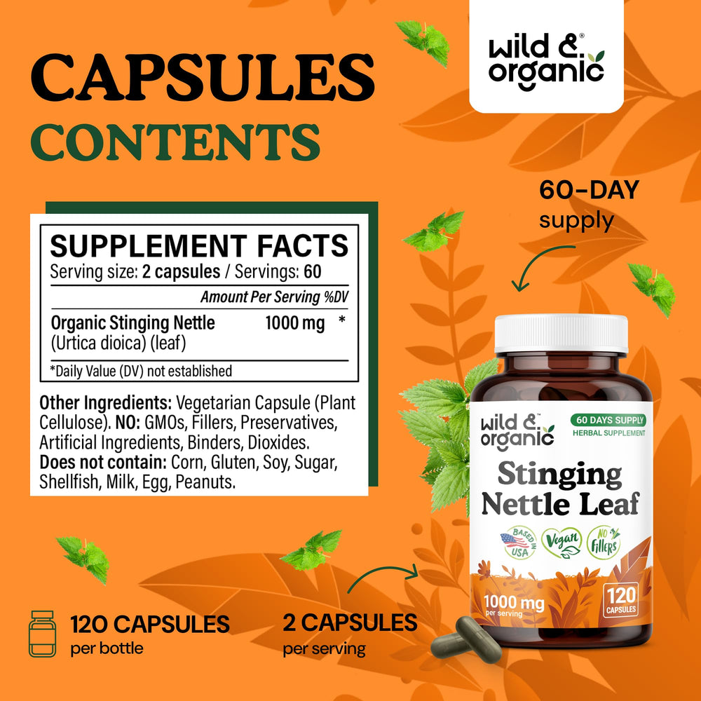 Wild and Organic stinging nettle label shows 1000 mg per serving.
