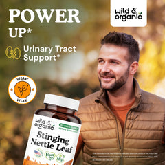 Wild and Organic nettle capsules being poured for daily urinary wellness.
