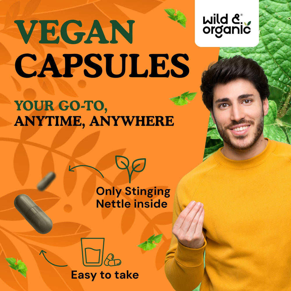 Wild and Organic nettle capsules with vegan coating visible.