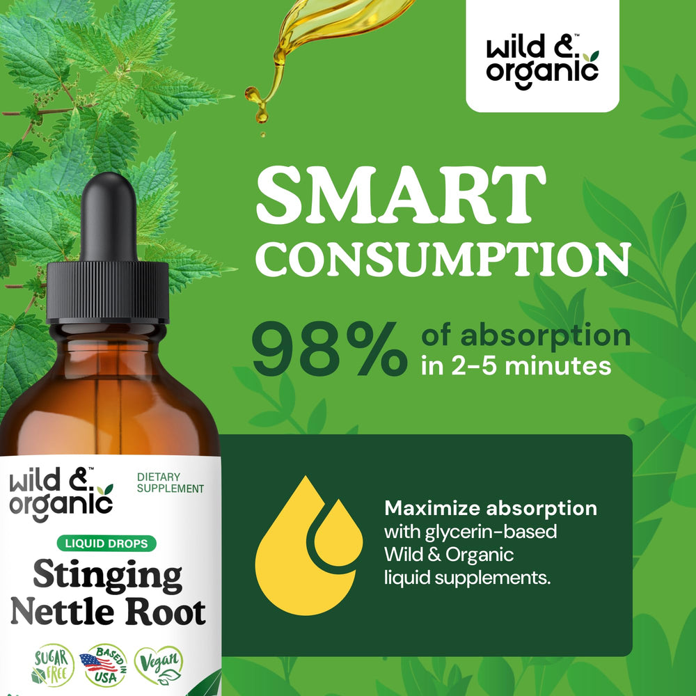 Wild and Organic stinging nettle tincture drops being poured for easy administration.