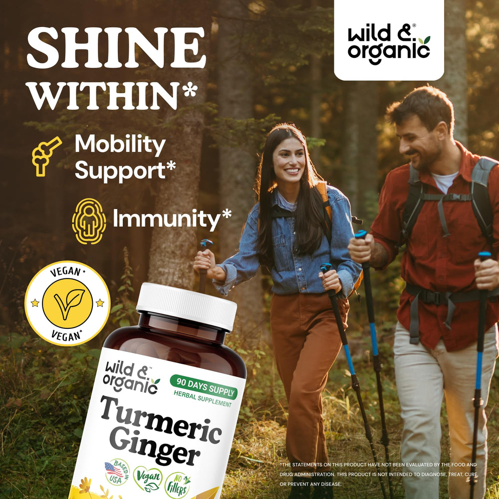Wild & Organic turmeric-ginger capsules dispensed for easy daily use.