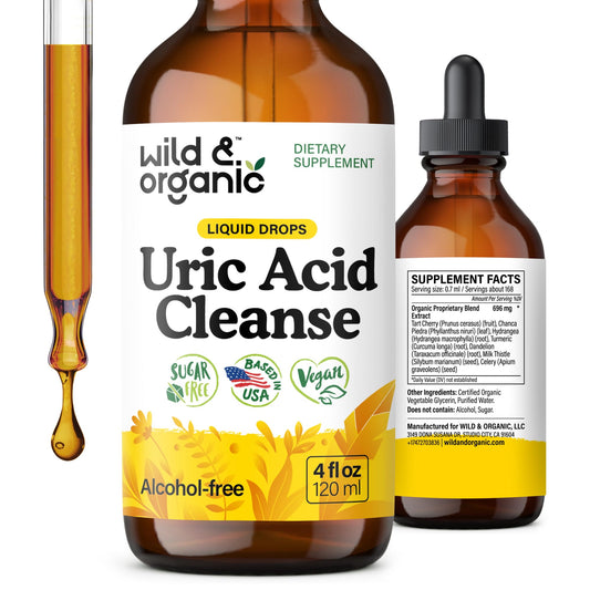 Wild & Organic Uric Acid Cleanse bottle front highlights vegan formula for daily wellness