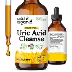 Wild & Organic Uric Acid Cleanse bottle front highlights vegan formula for daily wellness