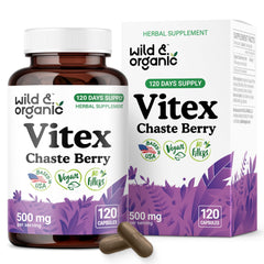 Wild & Organic Vitex chasteberry capsules bottle front for perimenopause support