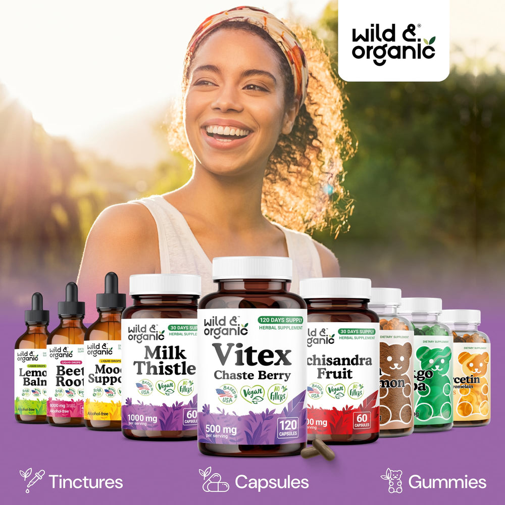 Wild & Organic Vitex capsules closeup showing easy-to-swallow design