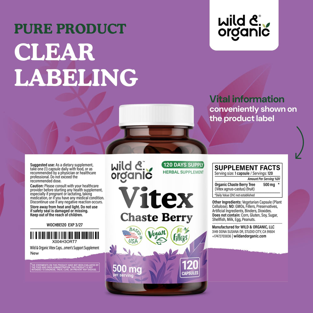 Wild & Organic Vitex capsules on shelf in clean packaging for daily wellness