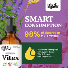 Wild & Organic Vitex tincture amber bottle glows softly.