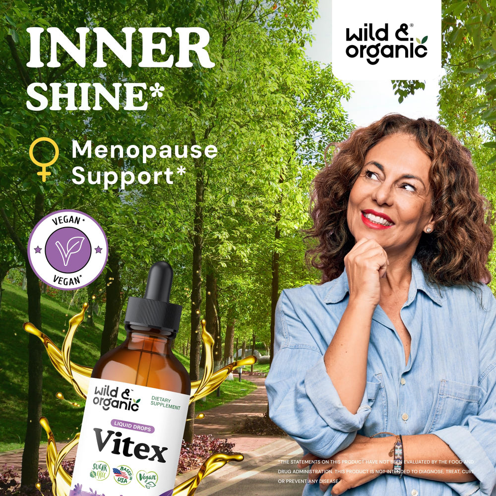 Wild & Organic Vitex tincture dropper close-up highlighting glycerin base.