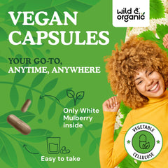 Wild & Organic bottle closeup showcases smooth capsules for easy daily use.