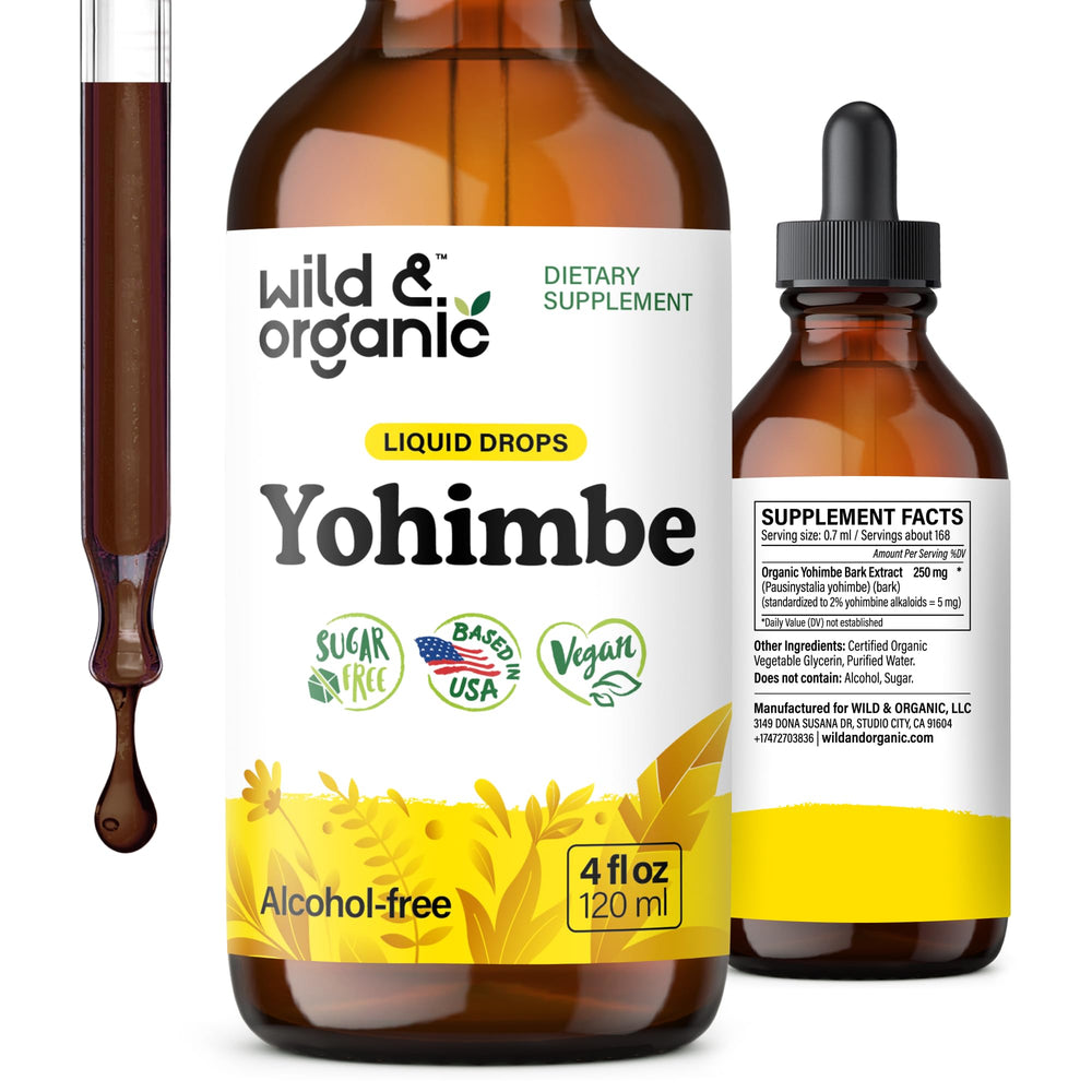Wild & Organic Yohimbe Drops bottle front showing vegan, alcohol-free formula for daily use