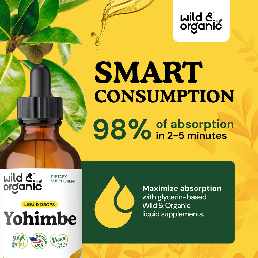 Label closeup of Wild & Organic Yohimbe Drops highlighting vegan, non-GMO quality