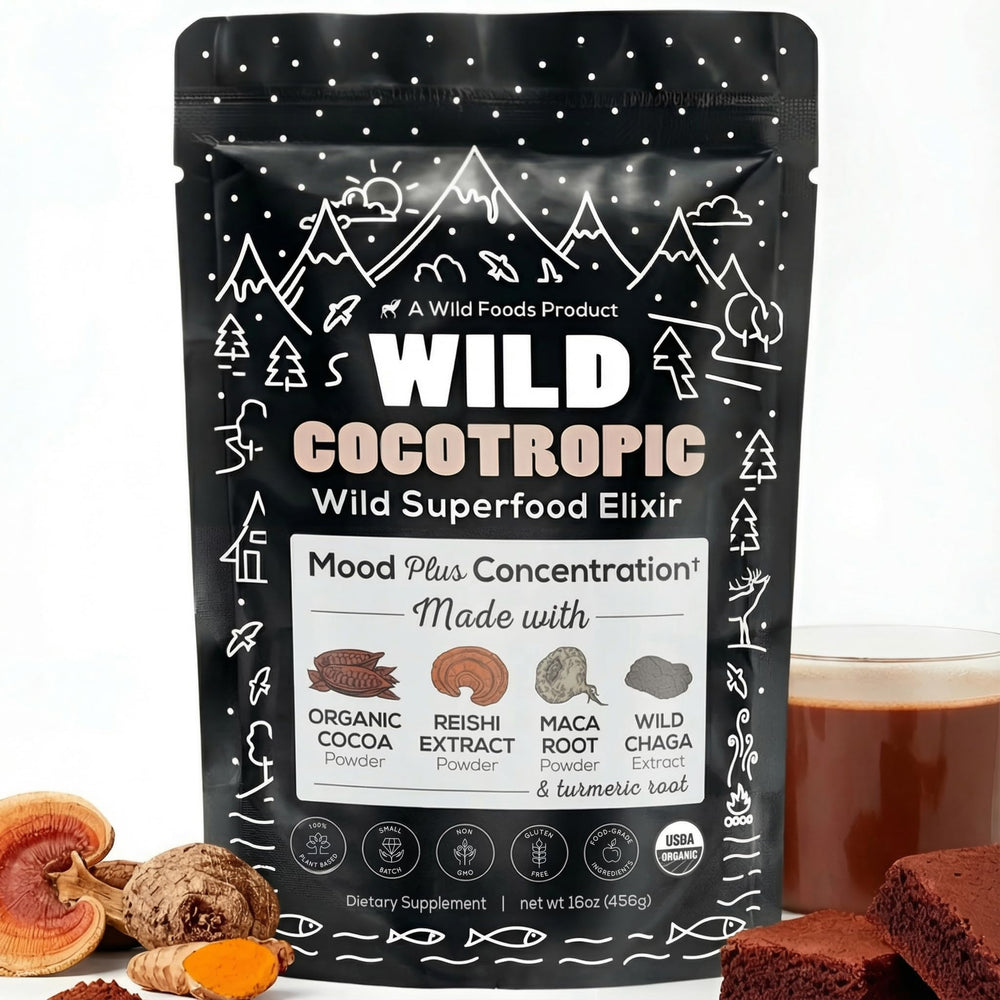 Wild Foods cocotropic hot cocoa cup shows rich cacao for sustained calm energy.
