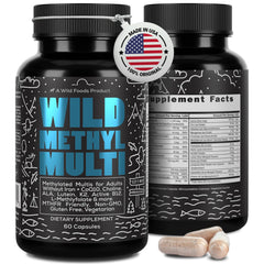 Wild Foods methylated multivitamin bottle for daily wellness routine.
