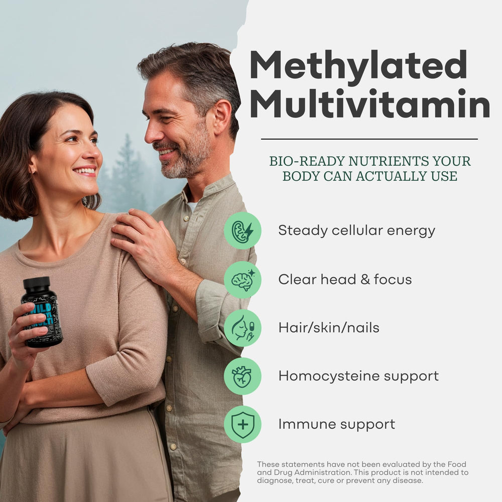 Label detail of Wild Foods methylated multivitamin highlighting ingredients