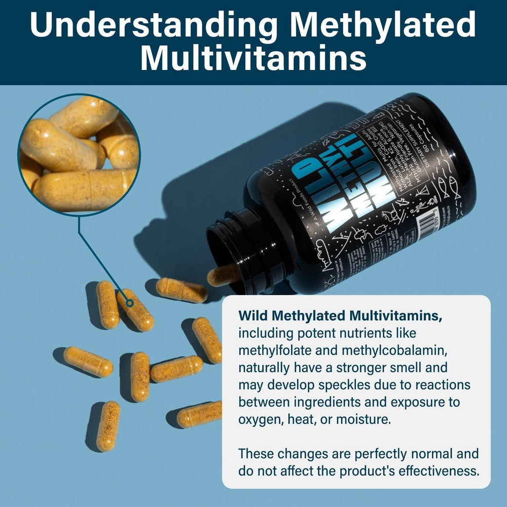 Packaging box of Wild Foods methylated multivitamin communicates USA-made quality