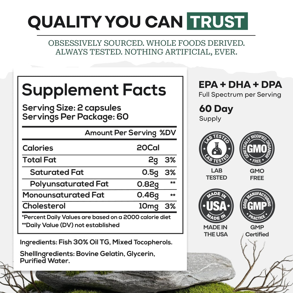 Wild Foods Omega-3 wild-caught source graphic underlines natural goodness