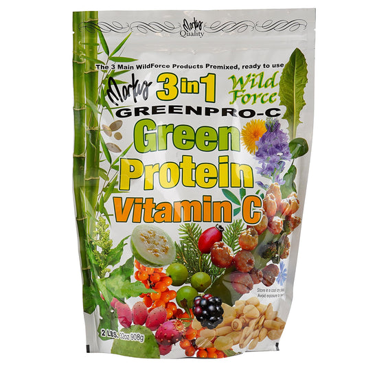 Wild Force GreenPro-C bottle on kitchen counter for daily greens and protein.
