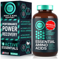 Wild Fuel essential amino acids bottle with 120 vegan capsules for daily recovery.