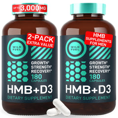 Wild Fuel HMB-D3 capsules bottle front for on-the-go fitness support.