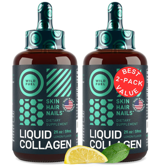 Wild Fuel Liquid Collagen Biotin Lemon Drop bottle for skin hydration and hair nourishment.