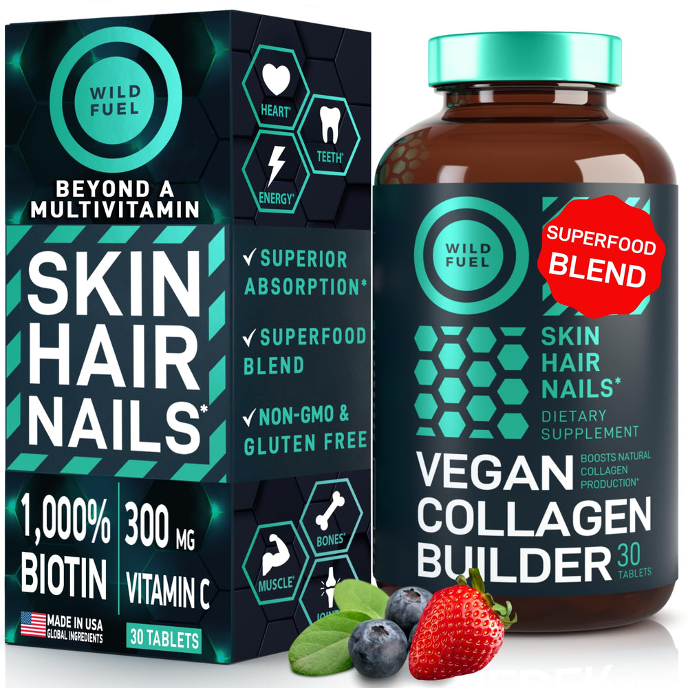 WILD FUEL Vegan Collagen Builder bottle shown, supporting daily skin and overall wellness.